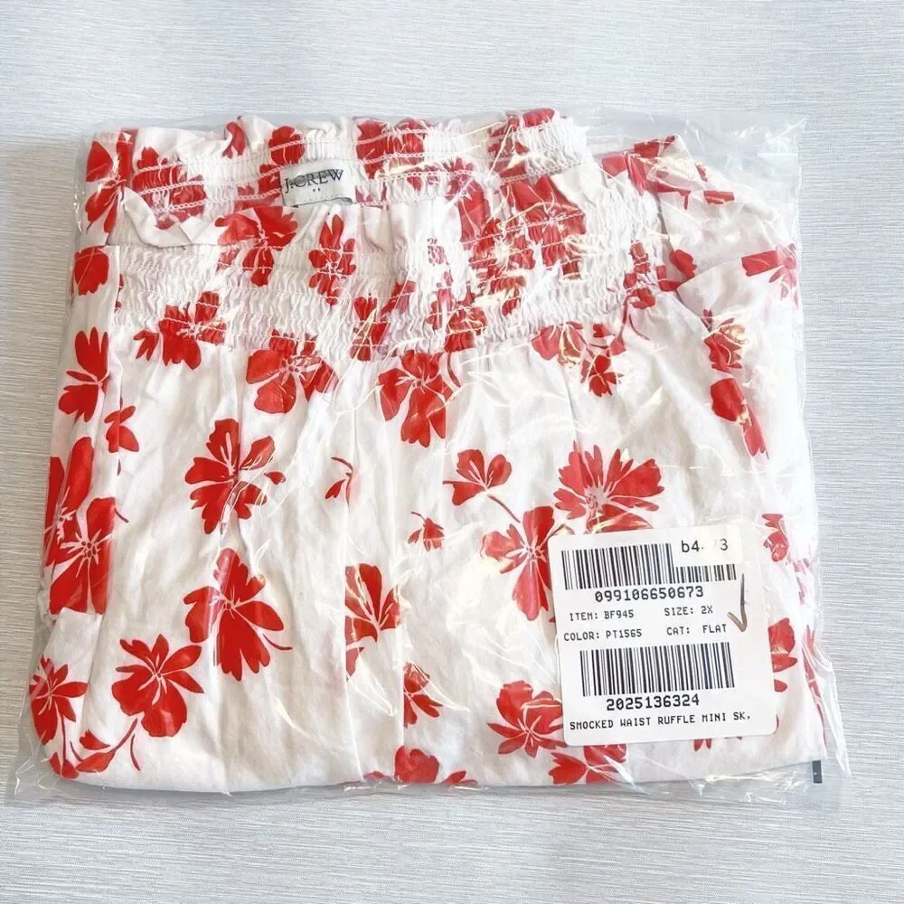 J. Crew Ruffle Smocked-Waist Mini Skirt in White Bright Cerise Red Floral 2X NWT